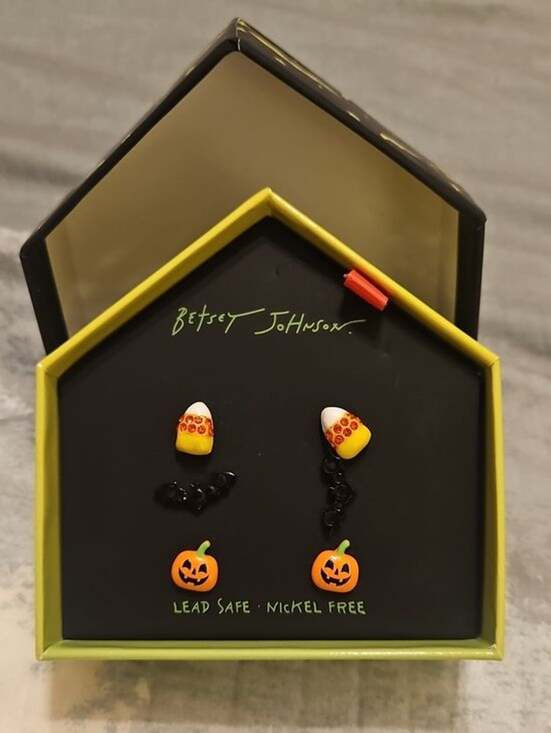 Betsey Johnson Jewelry - NWT Betsey Johnson Halloween 3 Pair Stud Earrings Pumpkin Bat Candy Corn